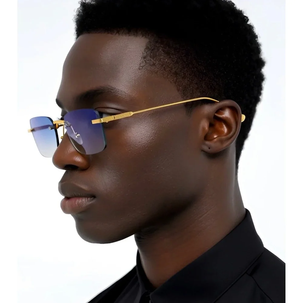 Mens Aviator Rectangular Sunglasses Gold Metal Blue Gradient Lens Frameless Chic